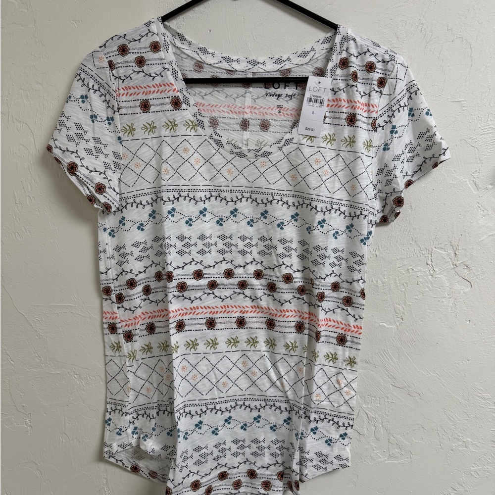 LOFT White Short Sleeve Tee with Multicolor Geometric Stripes